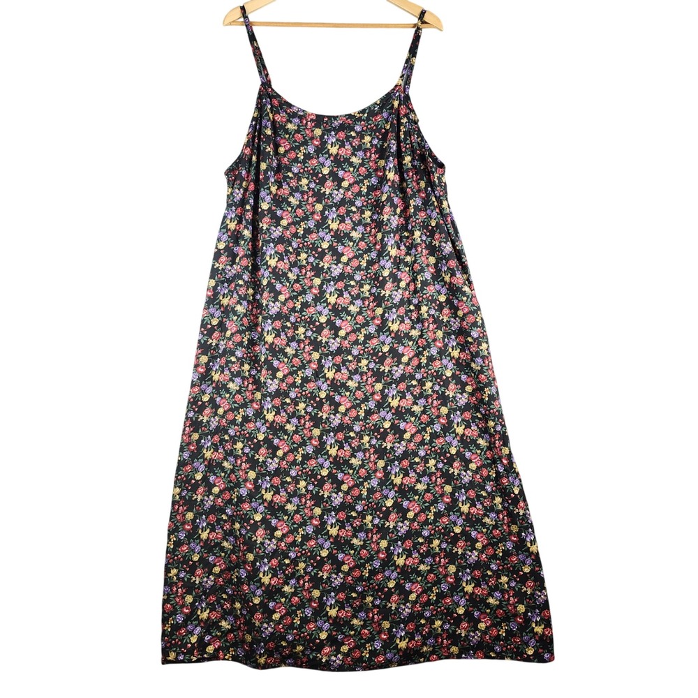 VTG More Jazz Maxi Ditsy Dress Women 20W Black Floral Spaghetti Strap Rayon USA
